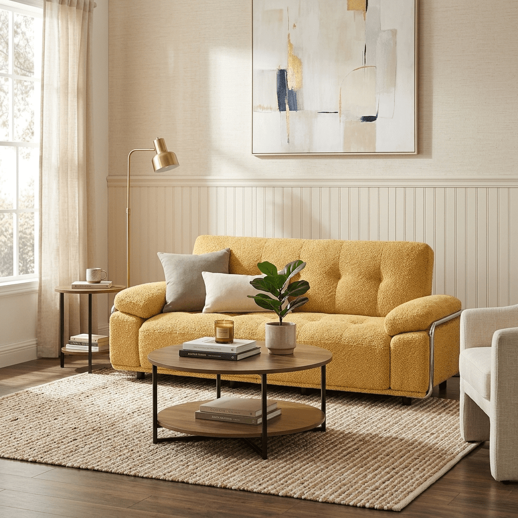 89"W Chenille 3-Seater Sofa with Pillow Top Arms and Chrome Accent Frame,Living Room Sofa Couch,Yellow