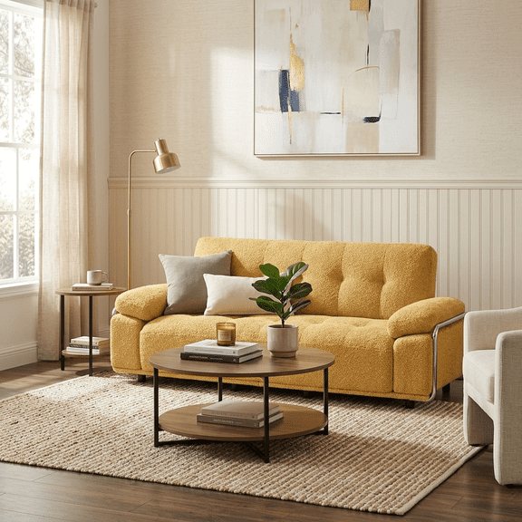 89"W Chenille 3-Seater Sofa with Pillow Top Arms and Chrome Accent Frame,Living Room Sofa Couch,Yellow