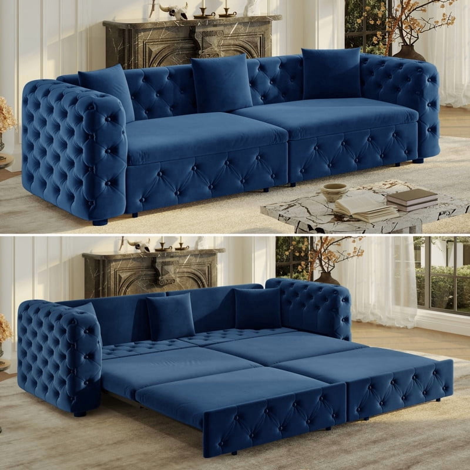 89"W Large 3-in-1 Pull Out Classic Chesterfield Tufted Sofa Bed, 4-Seater Velvet Padded Sleeper Sofa Couch with 3 Throw Pillows