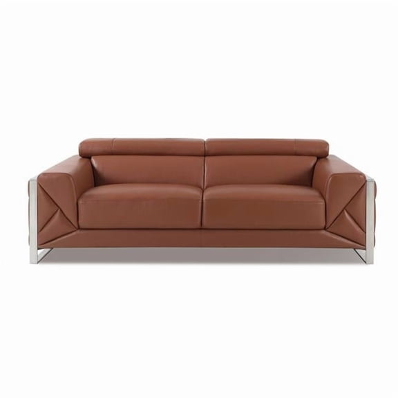 89 in. Genuine Leather Standard Sofa, Camel Brown & Chrome