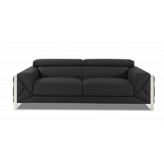 89 in. Genuine Leather Standard Sofa, Dark Gray & Chrome
