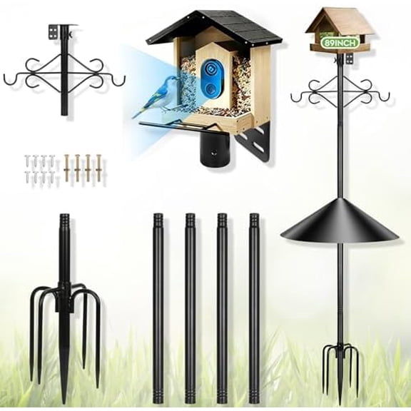 89 inch Double Hooks Heavy Duty Bird Feeder Pole with Squirrel Baffle for Outdoors,5-Prong Base Adjustable Bird House Pole for Smart Camera Birdfeeder,Bluebird House$$Garden & Patio