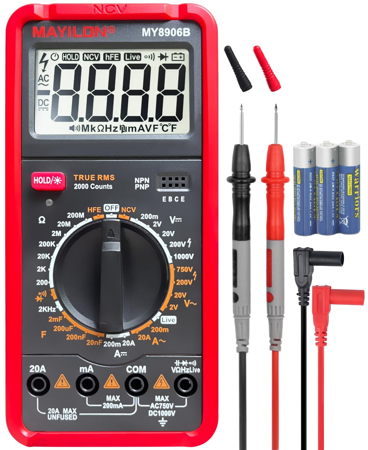 8906 Multimeter Tester Digital Multimeter, 750-1000 Measurements of DC/AC Voltage, DC/AC Current, Resistance, Continuity, Diode, Frequency, Transistor Live Line Detection