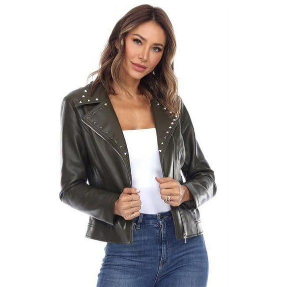 8918-03-L PU Faux Leather Jacket for Women, Green - Large