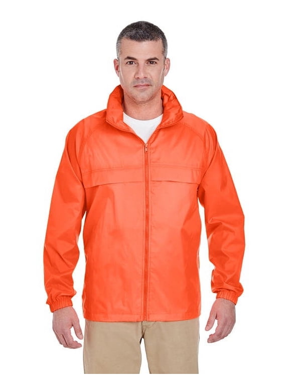 8929 UltraClub mens Full-Zip Hooded Pack-Away Jacket Bright Orange 2XL