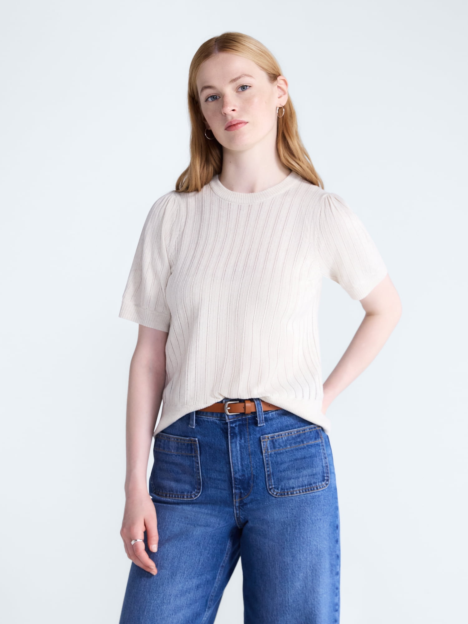 Free Assembly Women’s and Women's Plus Pointelle Sweater with Puff Sleeves, Sizes XS-4X