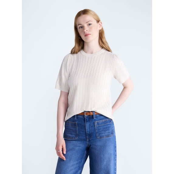 Free Assembly Women’s and Women's Plus Pointelle Sweater with Puff Sleeves, Sizes XS-4X