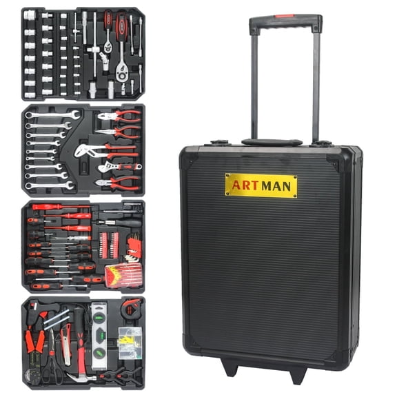 899-Piece Home Repair Tool Set with Rolling Toolbox, 4-Tier Hand Tool Kit with Lockable Storage Case for Maintenance, Garden, Homeowner, Handyman