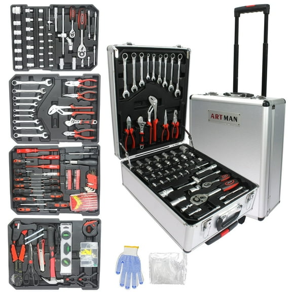 NIGSQJB 899PCS Tool Set, Household Tool Kit with Rolling Tool Box, Complete Tool Box Set Hand Tool Set with Tool Box, Mechanic Tool Set Rolling Tool Set for Home/Auto Repair Tool Set, Silver