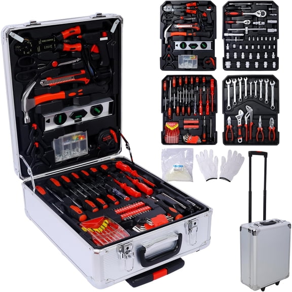 899pcs Home Repair Tool Set Kit for Men, Toolbox Storage Case with 4 Drawers, General Household Tool Kit with Rolling Tool Box, Tool Set Kit for Maintenance, Garden, Homeowner, Handyman,Silver Case