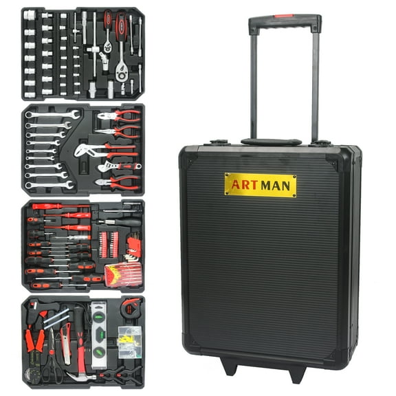 899pcs Home Repair Tool Set Kit, Toolbox Storage Case with 4 Drawers, General Household Tool Kit with Rolling Tool Box, Tool Set Kit for Maintenance, Garden, Homeowner, Handyman -Black