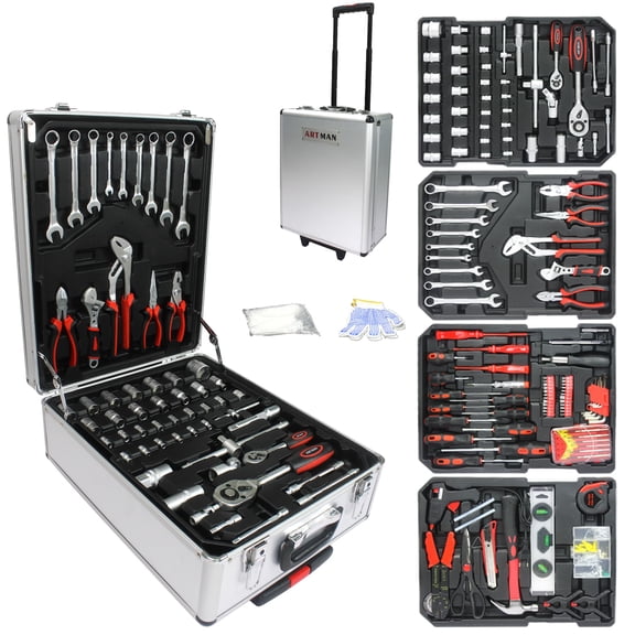 899pcs Rolling Tool Box Set with Lock, Rolling Trolley Case Tool Sets, 4 Layer of Tool Sets 90 Piece Tool Kits on Wheel, Wrench Socket Rolling Hand Tool Box Tool Kit for Garage, Repair Kit