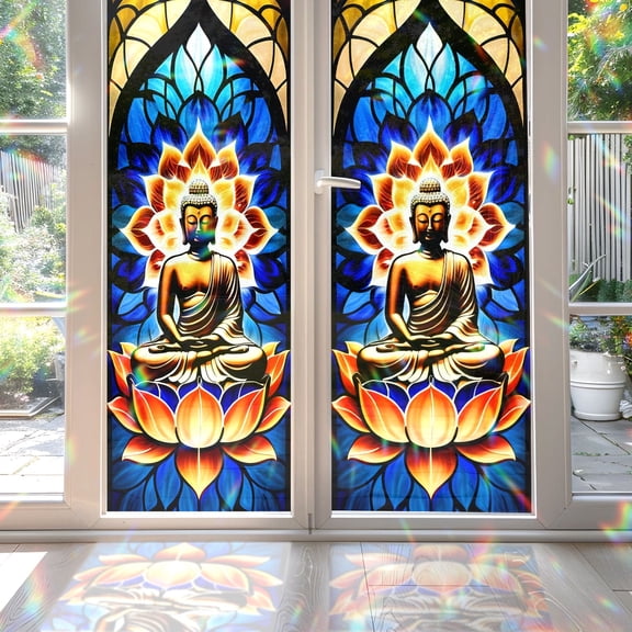 89Bloom 17.7 x39.4 Inches Decorative Buddha Stained Glass Window Film, Window Film for Glass Door Heat Control Anti UV