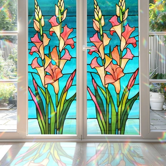 89Bloom 17.7 x39.4 Inches Decorative Gladiola Flower Stained Glass Window Film, Window Film for Glass Door Heat Control Anti UV
