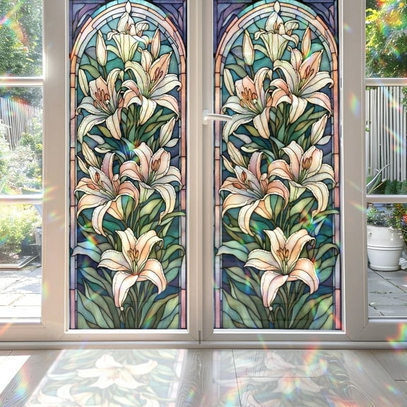Decorative Lilies Stained Glass Window Film – 17.7 x 39.4 in Privacy UV Film by 89Bloom