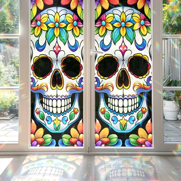 89Bloom Window Film Rainbow Sugar Skull 17.7 x 39.4 in for Glass Door Anti UV Privacy Use