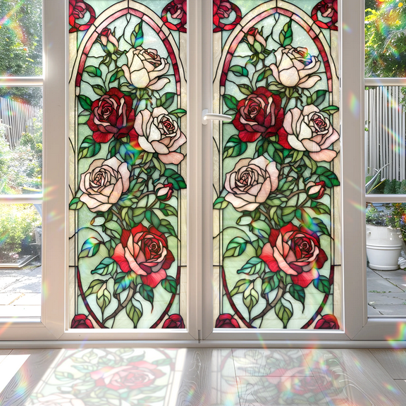 89Bloom 17.7 x39.4 Inches Decorative Rose Stained Glass Window Film, Window Film for Glass Door Heat Control Anti UV
