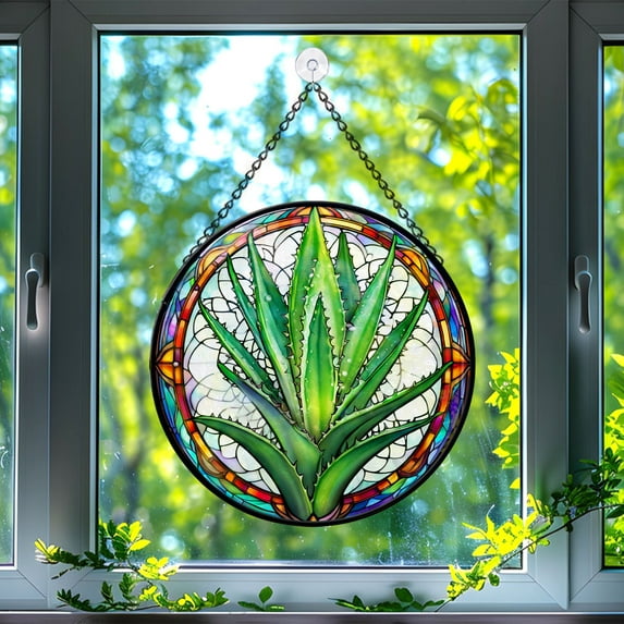 89Bloom Aloe Vera Plan Window Hanging Stained Glass, Aloe Vera Plan Suncatchers for Windows Stained Glass, Stained Glass Aloe Vera Plan suncatcher