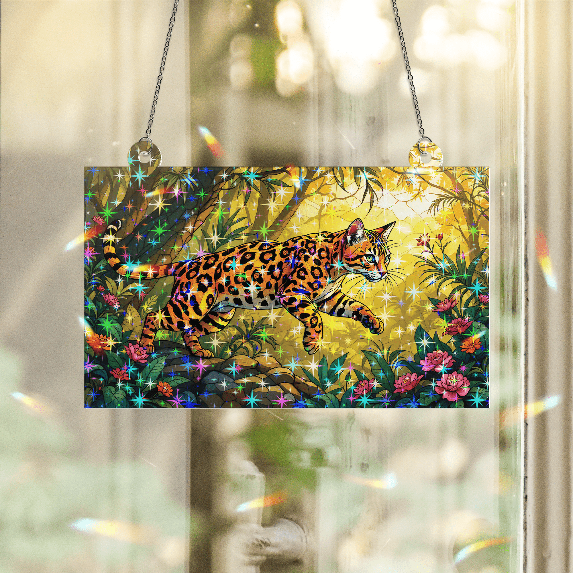 89Bloom Bengal Cat Stained Glass Hologram Ornament, Stained Glass Suncatcher Ornaments Home Decor, Holographic Ornaments
