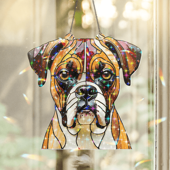 89Bloom Boxer Stained Glass Hologram Ornament, Dog Stained Glass Suncatcher Ornaments Home Decor, Dog Holographic Ornaments