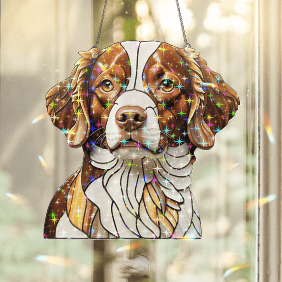 89Bloom Brittany Spaniel Stained Glass Hologram Ornament, Dog Stained Glass Suncatcher Ornaments Home Decor, Dog Holographic Ornaments