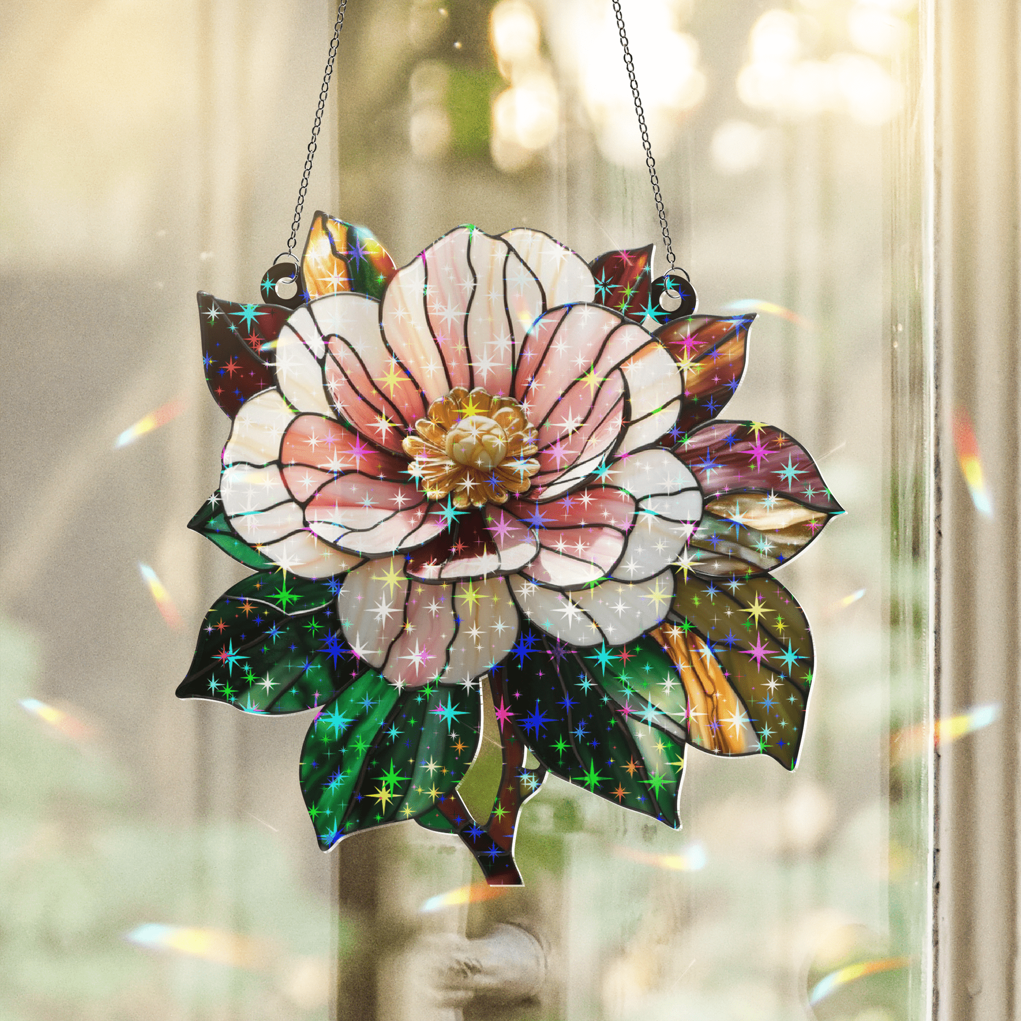 89Bloom Camellia Stained Glass Hologram Ornament, Stained Glass Suncatcher Ornaments Home Decor, Flower Holographic Ornaments