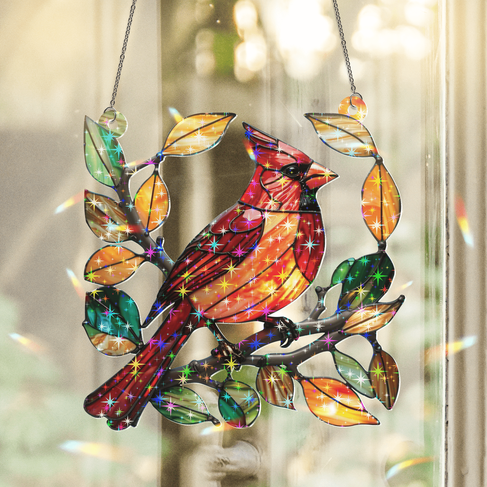 89Bloom Cardinal Stained Glass Hologram Ornament, Stained Glass Suncatcher Ornaments Home Decor, Holographic Ornaments