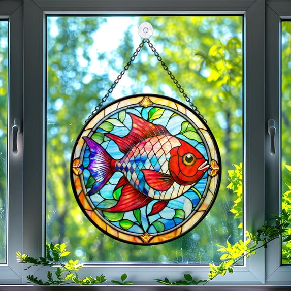 89Bloom Cardinal Tetra Window Hanging Stained Glass, Cardinal Tetra Suncatchers for Windows Stained Glass, Fish Stained Glass Suncatcher
