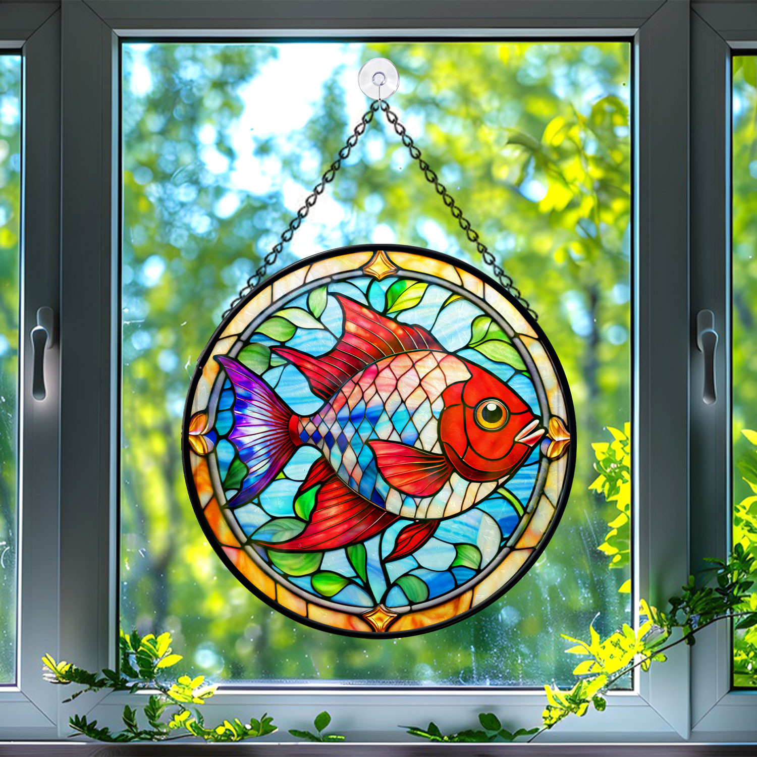89Bloom Cardinal Tetra Window Hanging Stained Glass, Cardinal Tetra Suncatchers for Windows Stained Glass, Fish Stained Glass Suncatcher