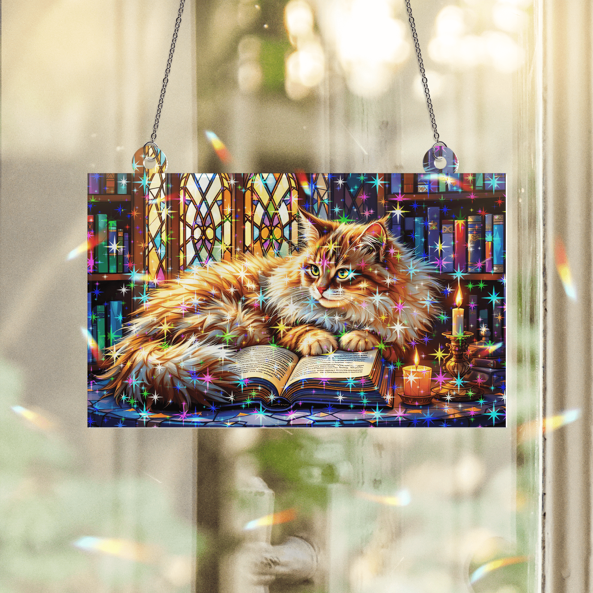 89Bloom Cat & Book Stained Glass Hologram Ornament, Stained Glass Suncatcher Ornaments Home Decor, Holographic Ornaments