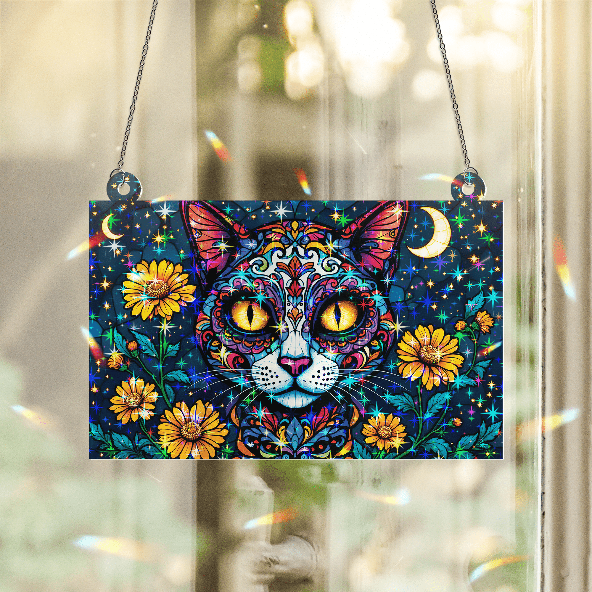 89Bloom Cat Sugar Skull Stained Glass Hologram Ornament, Stained Glass Suncatcher Ornaments Home Decor, Holographic Ornaments