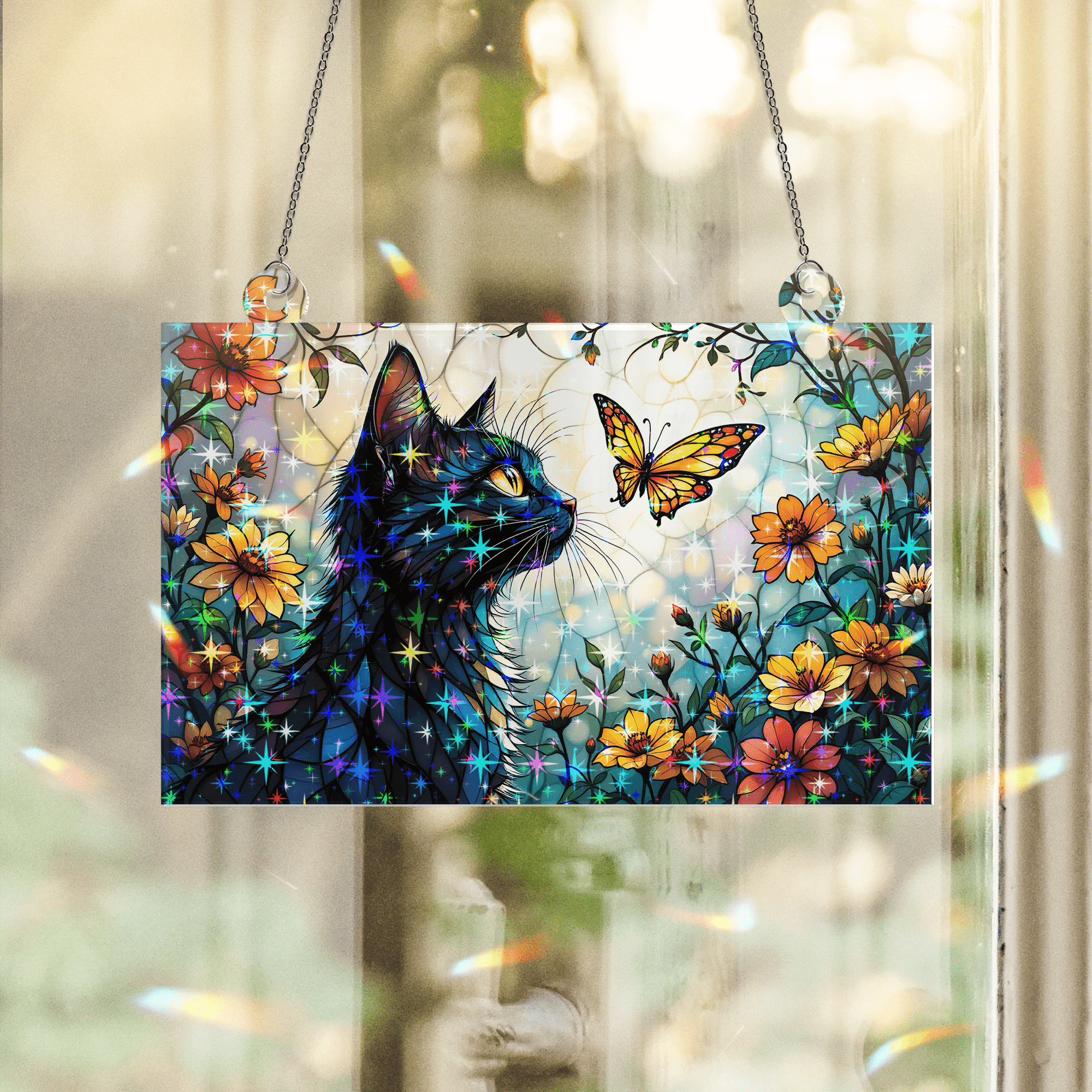 89Bloom Cat and Butterfly Stained Glass Hologram Ornament, Stained Glass Suncatcher Ornaments Home Decor, Holographic Ornaments