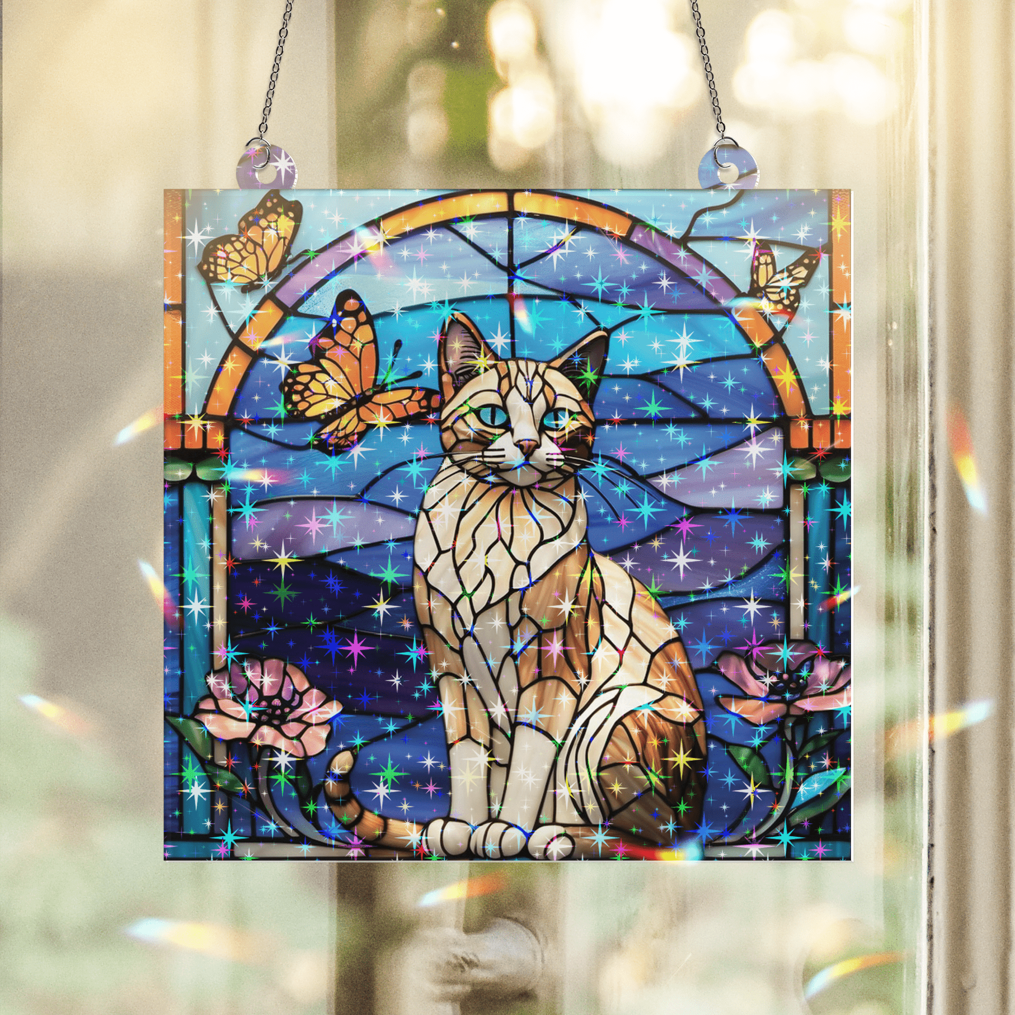 89Bloom Cat and Butterfly Stained Glass Hologram Ornament, Stained Glass Suncatcher Ornaments Home Decor, Holographic Ornaments