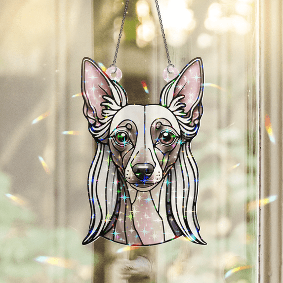 89Bloom Chinese Crested Stained Glass Hologram Ornament, Dog Stained Glass Suncatcher Ornaments Home Decor, Dog Holographic Ornaments