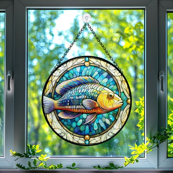89Bloom Cleaner Wrasse Window Hanging Stained Glass, Cleaner Wrasse Suncatchers for Windows Stained Glass, Fish Stained Glass Suncatcher