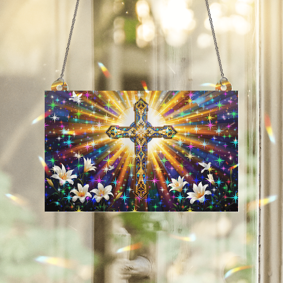 89Bloom Cross Stained Glass Hologram Ornament, Stained Glass Suncatcher Ornaments Home Decor, Holographic Ornaments