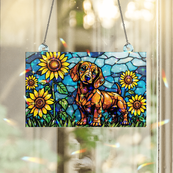 89Bloom Dachshund & Sunflower Stained Glass Hologram Ornament, Dog Stained Glass Suncatcher Ornaments Home Decor, Dog Holographic Ornaments