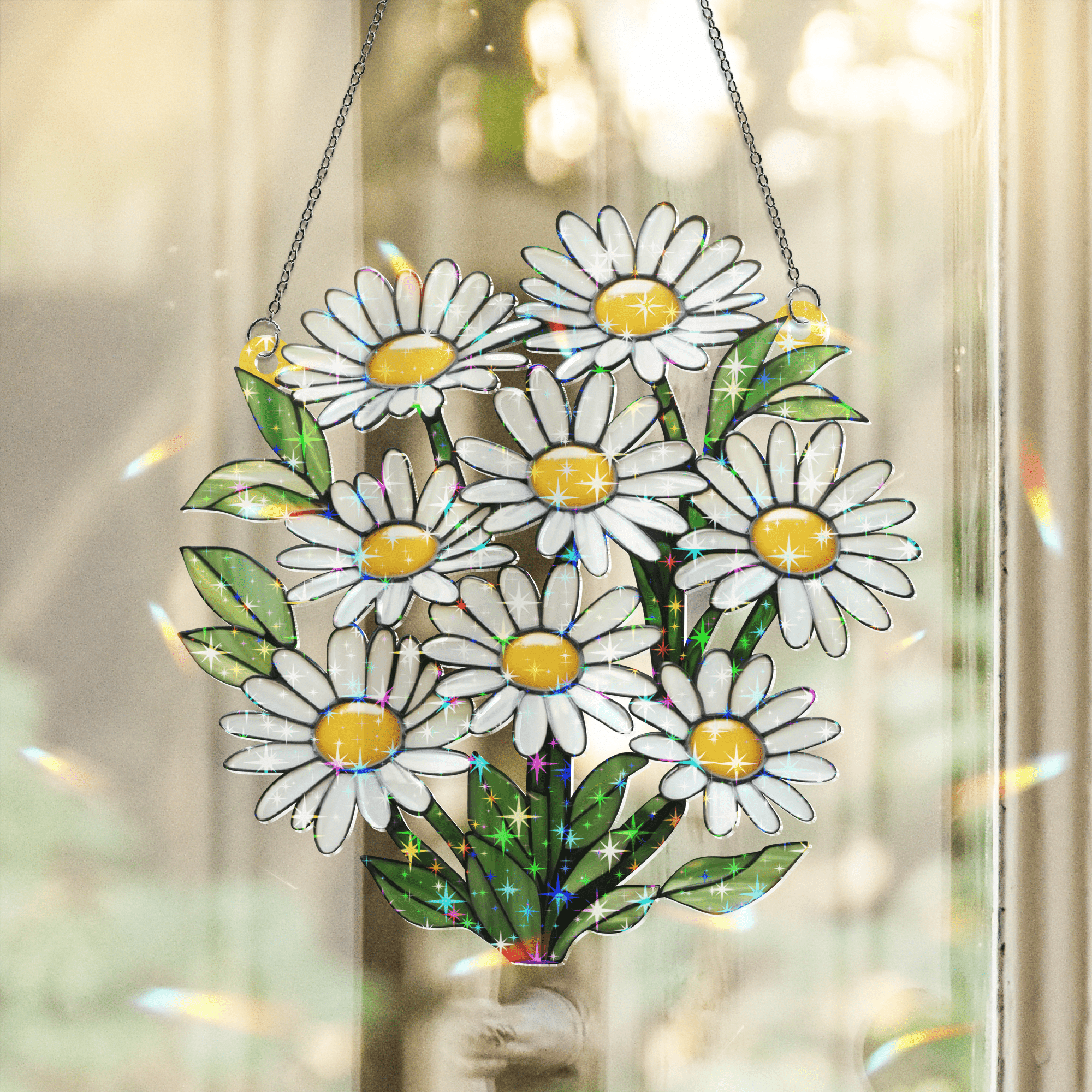 89Bloom Daisy Stained Glass Hologram Ornament, Stained Glass Suncatcher Ornaments Home Decor, Flower Holographic Ornaments