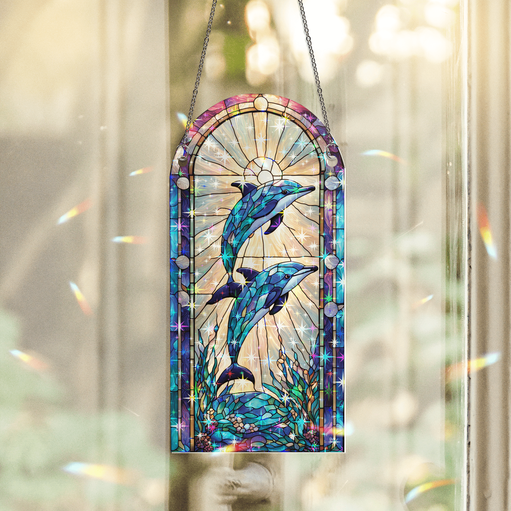 89Bloom Dolphin Stained Glass Hologram Ornament, Stained Glass Suncatcher Ornaments Home Decor, Holographic Ornaments