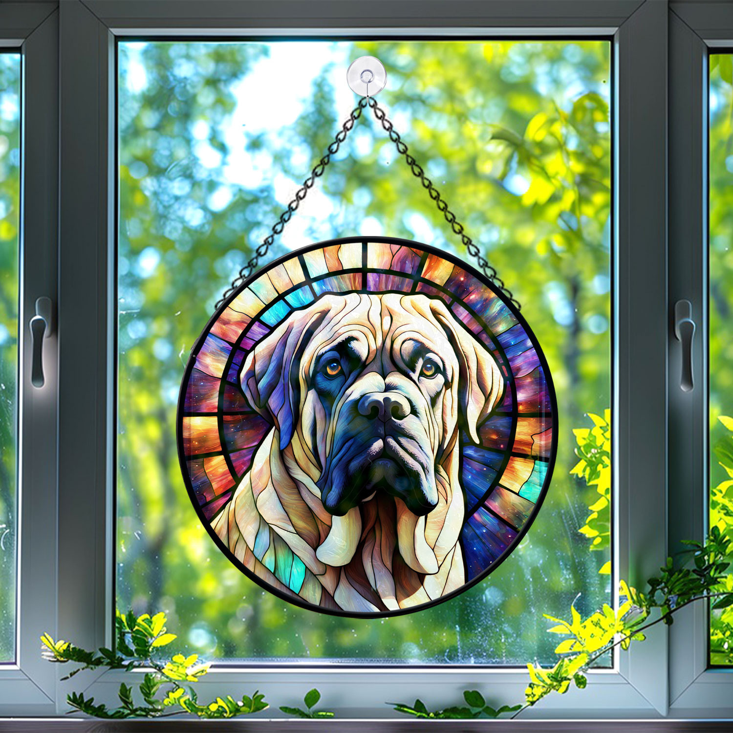 89Bloom English Mastiff Window Hanging Stained Glass, English Mastiff Suncatchers for Windows Stained Glass, Stained Glass Dog suncatcher, Dog Stained Glass