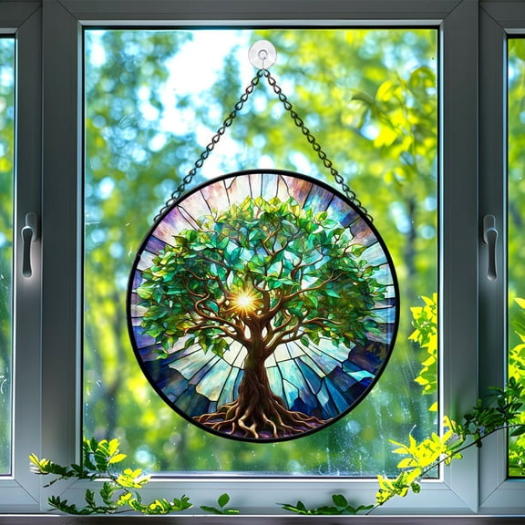 89Bloom Ficus Benjamina Window Hanging Stained Glass, Ficus Benjamina Suncatchers for Windows Stained Glass, Stained Glass Ficus Benjamina suncatcher