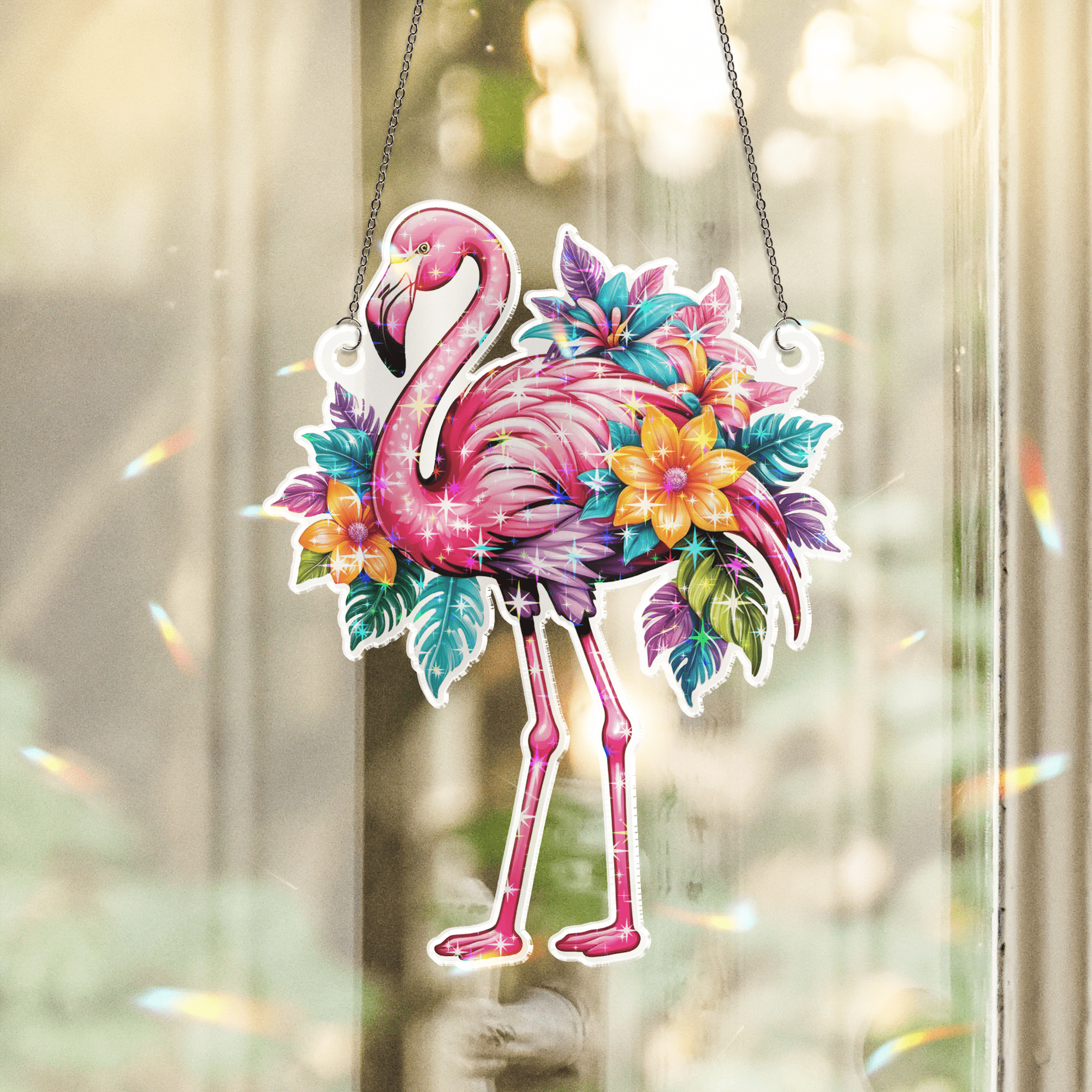 89Bloom Flamingo Stained Glass Hologram Ornament, Stained Glass Suncatcher Ornaments Home Decor, Holographic Ornaments