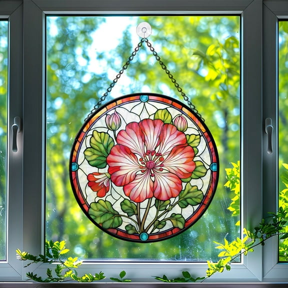 89Bloom Geranium Window Hanging Stained Glass, Geranium Suncatchers for Windows Stained Glass, Stained Glass Geranium suncatcher