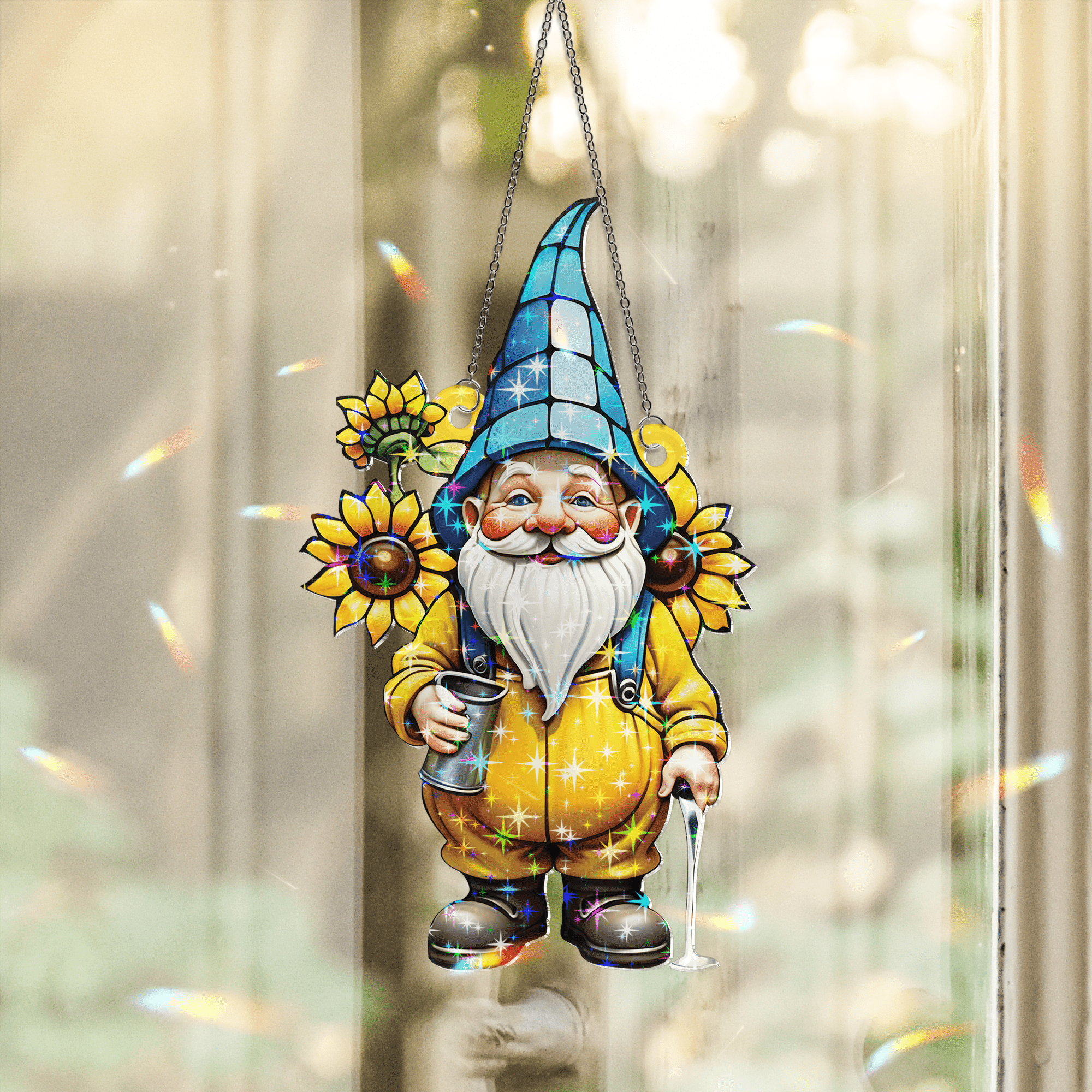 89Bloom Gnome With Sunflower Stained Glass Hologram Ornament, Stained Glass Suncatcher Ornaments Home Decor, Flower Holographic Ornaments