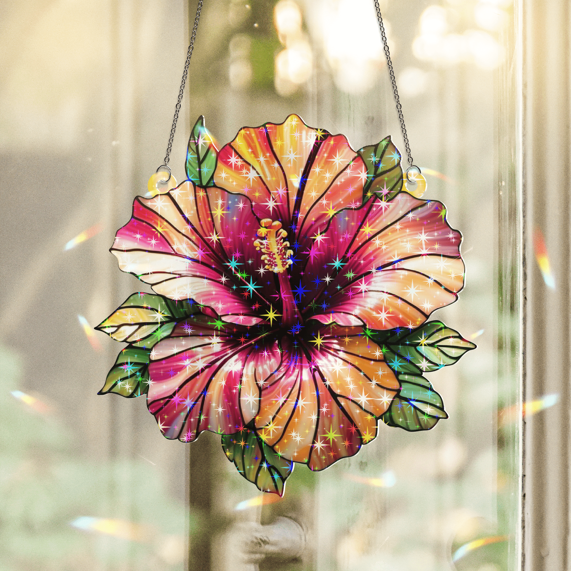 89Bloom Hibiscus Stained Glass Hologram Ornament, Stained Glass Suncatcher Ornaments Home Decor, Flower Holographic Ornaments