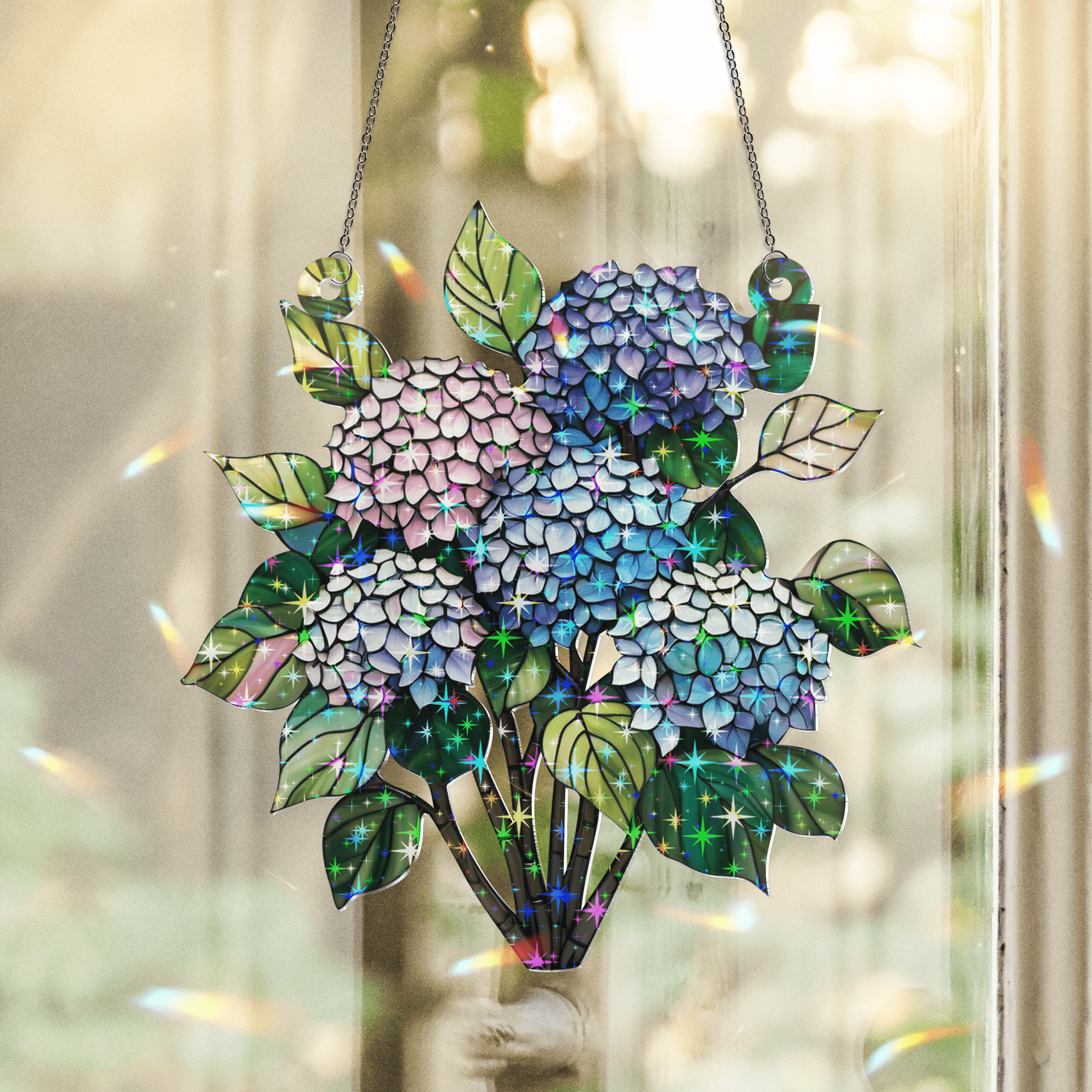 Hydrangea4937　0203 89Bloom Hydrangea Stained Glass Hologram Ornament, Stained Glass
