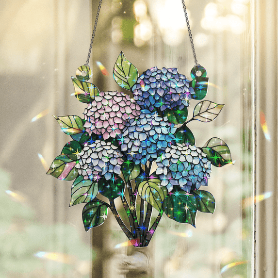89Bloom Hydrangea Stained Glass Hologram Ornament, Stained Glass Suncatcher Ornaments Home Decor, Flower Holographic Ornaments