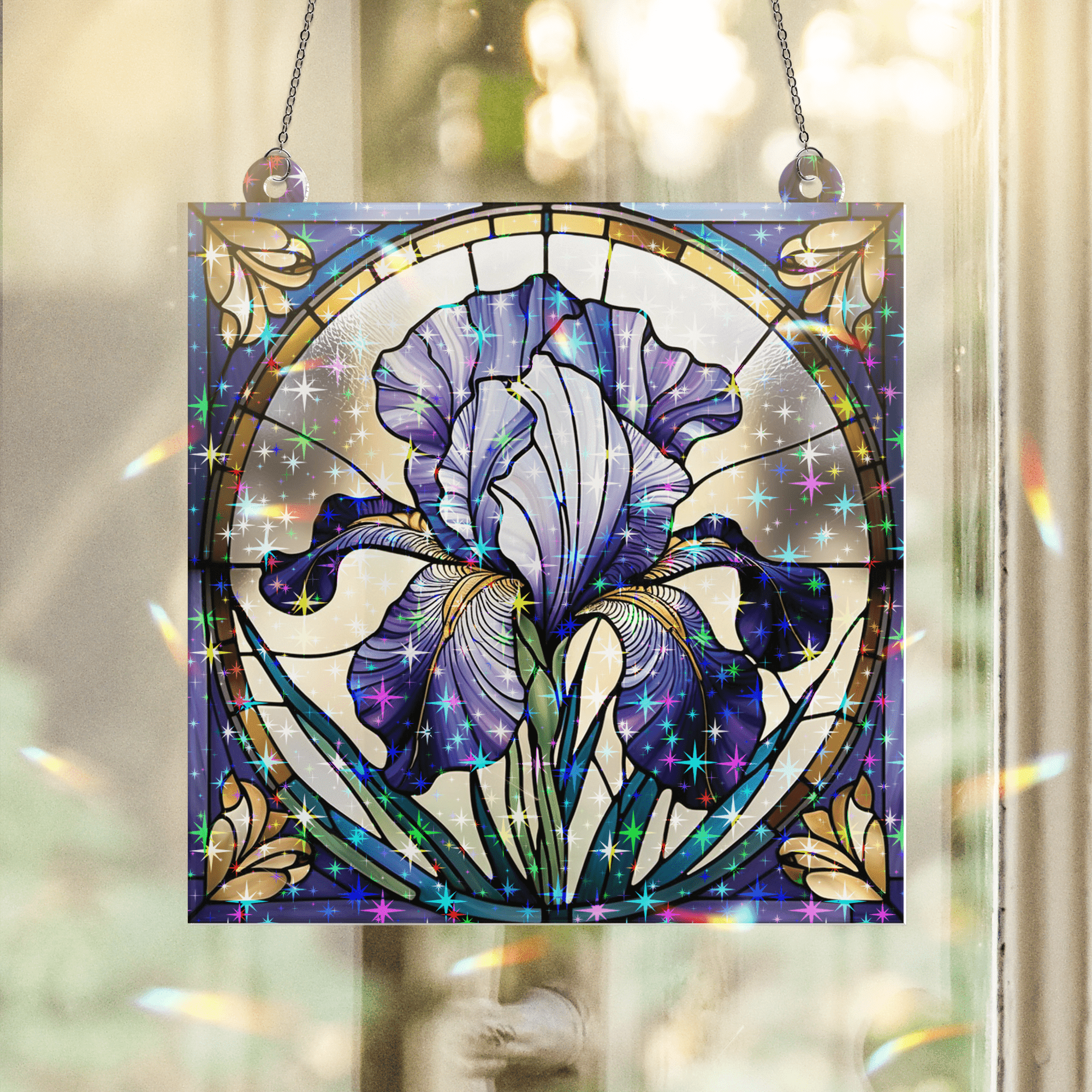 89Bloom Iris Stained Glass Hologram Ornament, Stained Glass Suncatcher Ornaments Home Decor, Holographic Ornaments