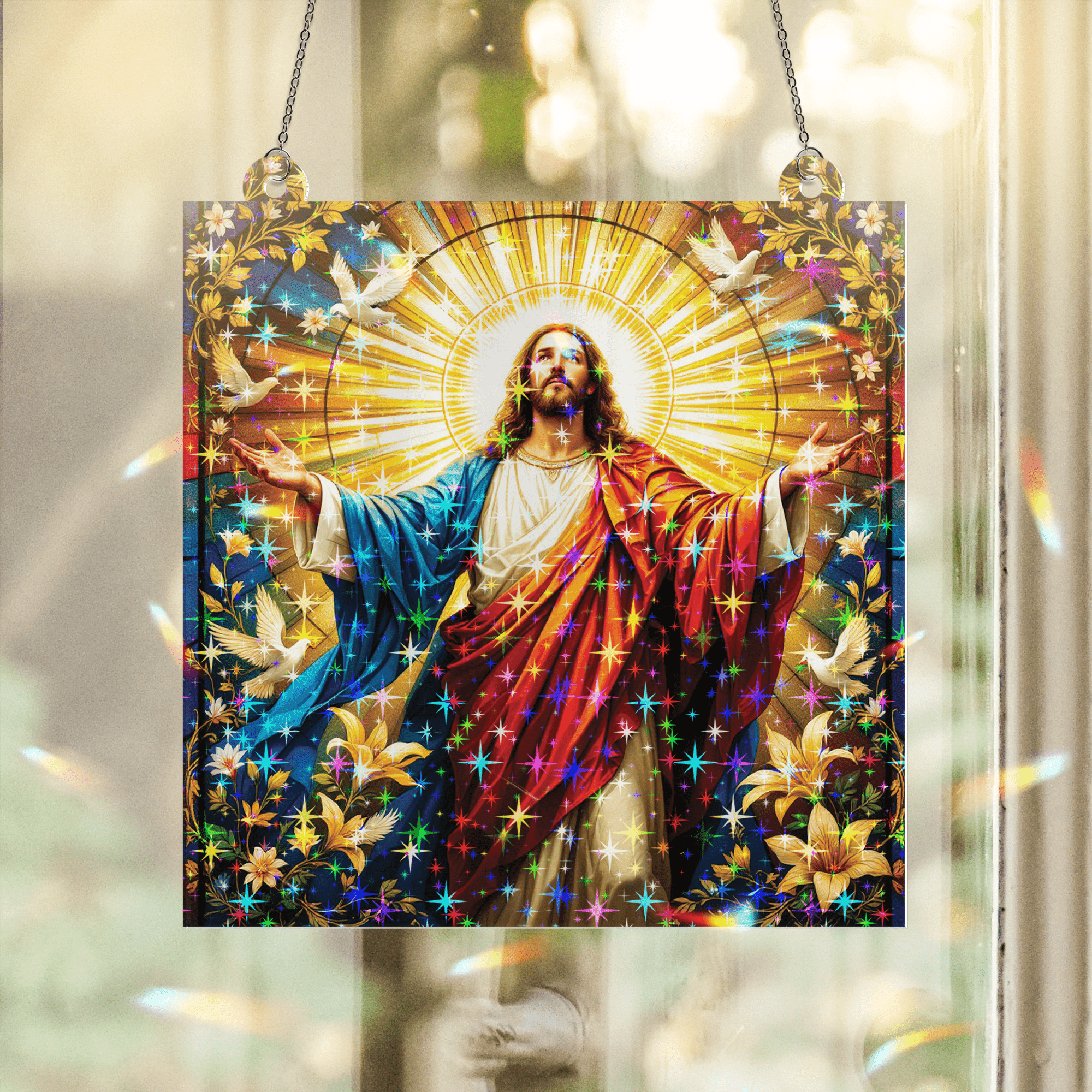 89Bloom Jesus Blessing Stained Glass Hologram Ornament, Stained Glass Suncatcher Ornaments Home Decor, Holographic Ornaments