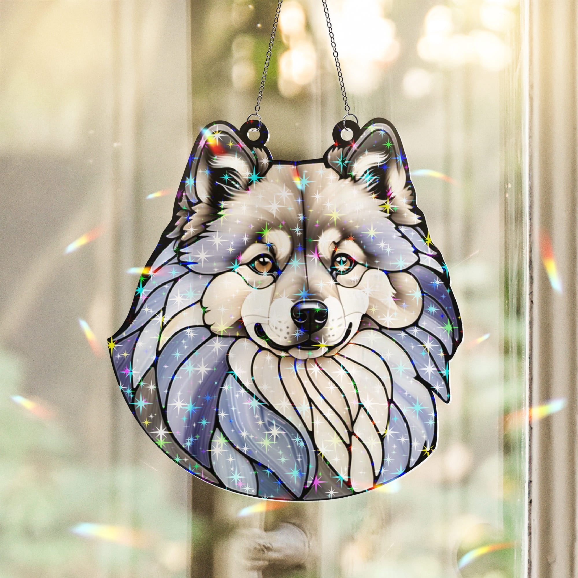 89Bloom Keeshond Stained Glass Hologram Ornament, Dog Stained Glass Suncatcher Ornaments Home Decor, Dog Holographic Ornaments